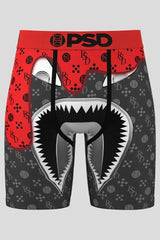 PSD shark mouth boxer briefs with red waistband and graphic print, skate and surf style underwear