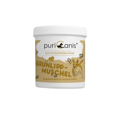 Weißer Behälter mit Aufschrift 'puri canis', '3,3% Glykosaminglykane', 'Grünlippmuschel', Illustration eines laufenden Hundes, Einzel futtermittel für Hunde und Katzen.