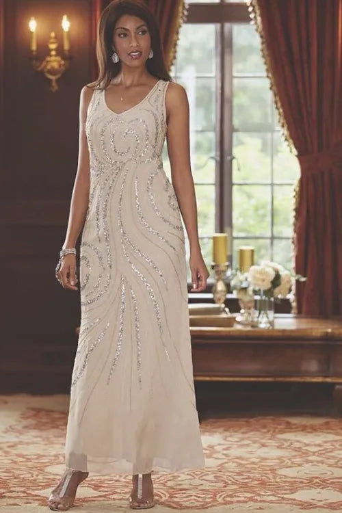Chic 2022 Chiffon of the Bride/Groom sequin midi dress with Ankle Length, Long Sleeve Jacket, A-Line V-neck, Beading, and Elegant Champagne Finish
