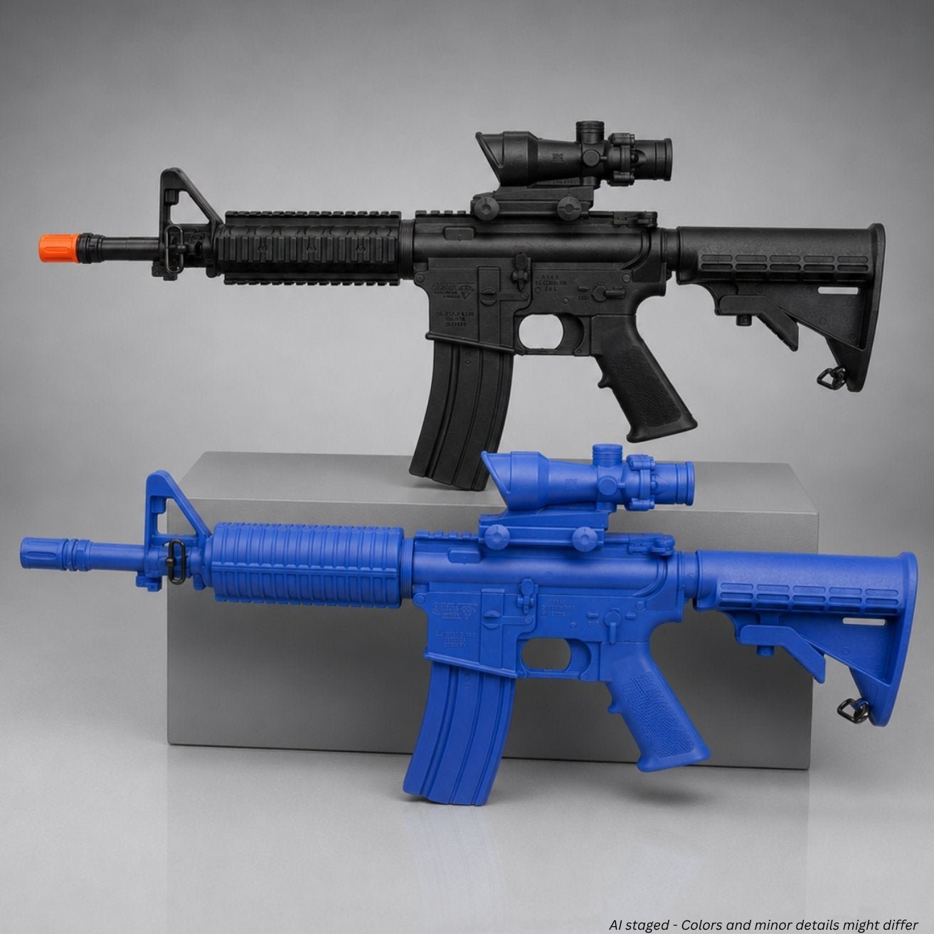 Rings BlueGuns M4 Commando ACOG training guns in black and blue, shown side by side