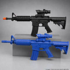Rings BlueGuns M4 Commando ACOG training guns in black and blue, shown side by side