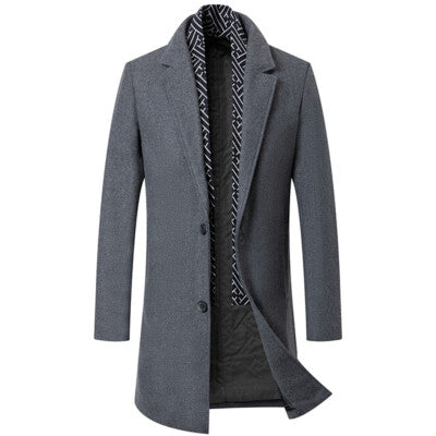 Men's Wool Blend Pea Coat Warm Winter Coat Business Dress Coats With Scarf