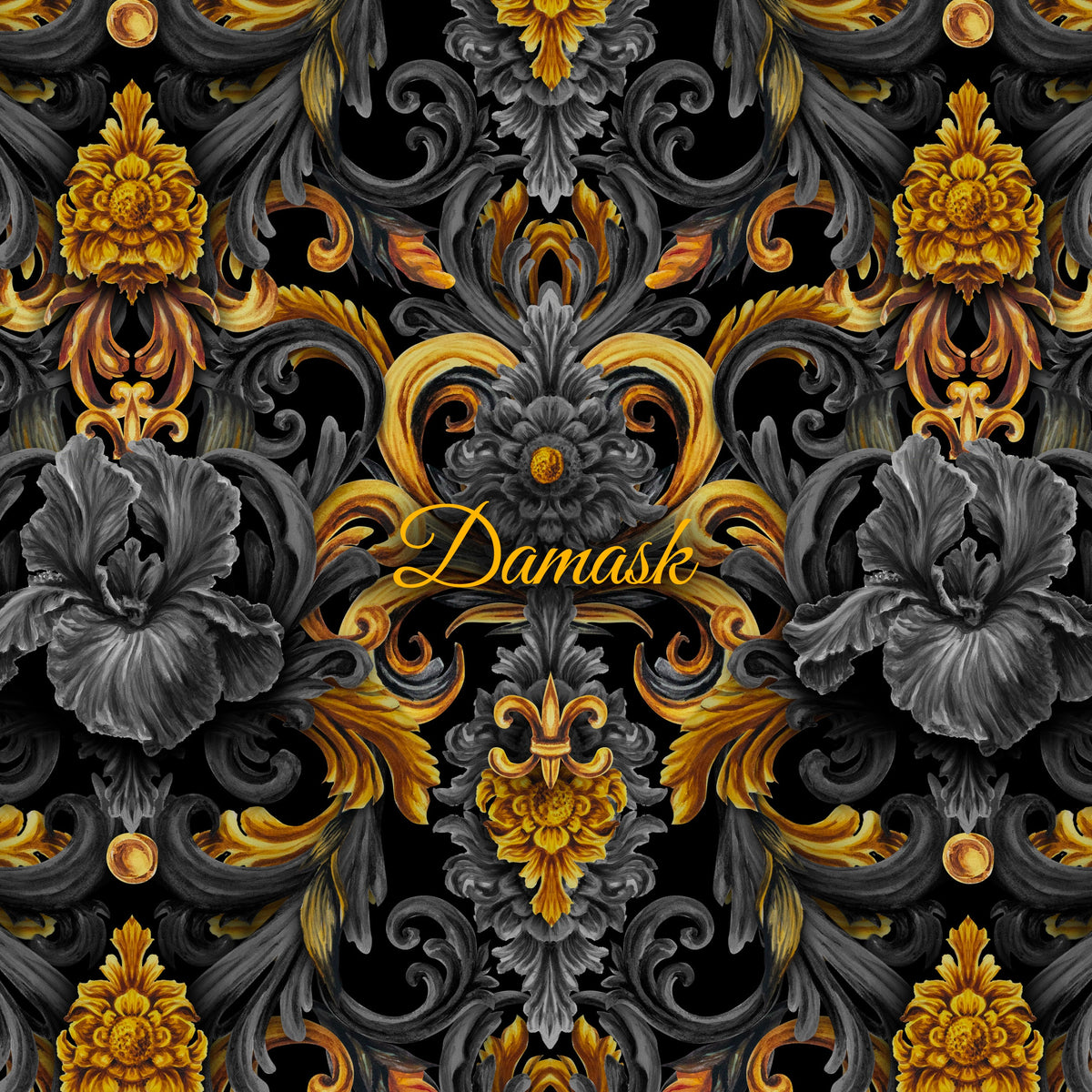 Golden Iris Damask — Luxury Seamless Pattern for Wallpaper, Textile & Apparel | Hand-painted Premium Design