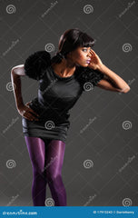 Fashion Model in Purple Tights Black Dress Stock Image