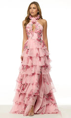 Sherri Hill 57251 - Halter Neck Ruffle Gown Prom Dresses 000 /  Pink Print