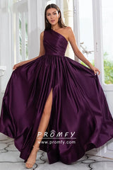 Simple Purple Satin One Shoulder Slit Wedding Guest Gown