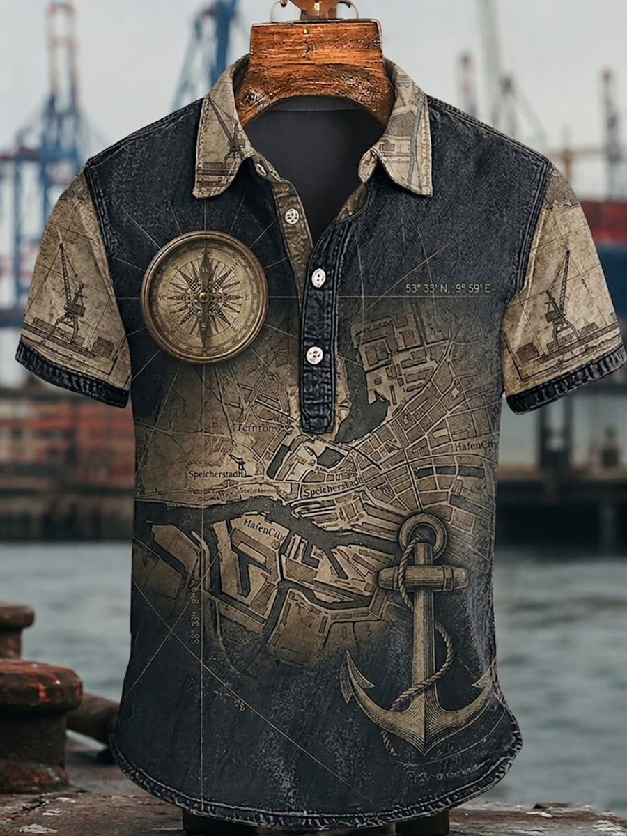 Herren-Lässiges Hemd im Retro-Stil mit Hafenmotiv aus Hamburg