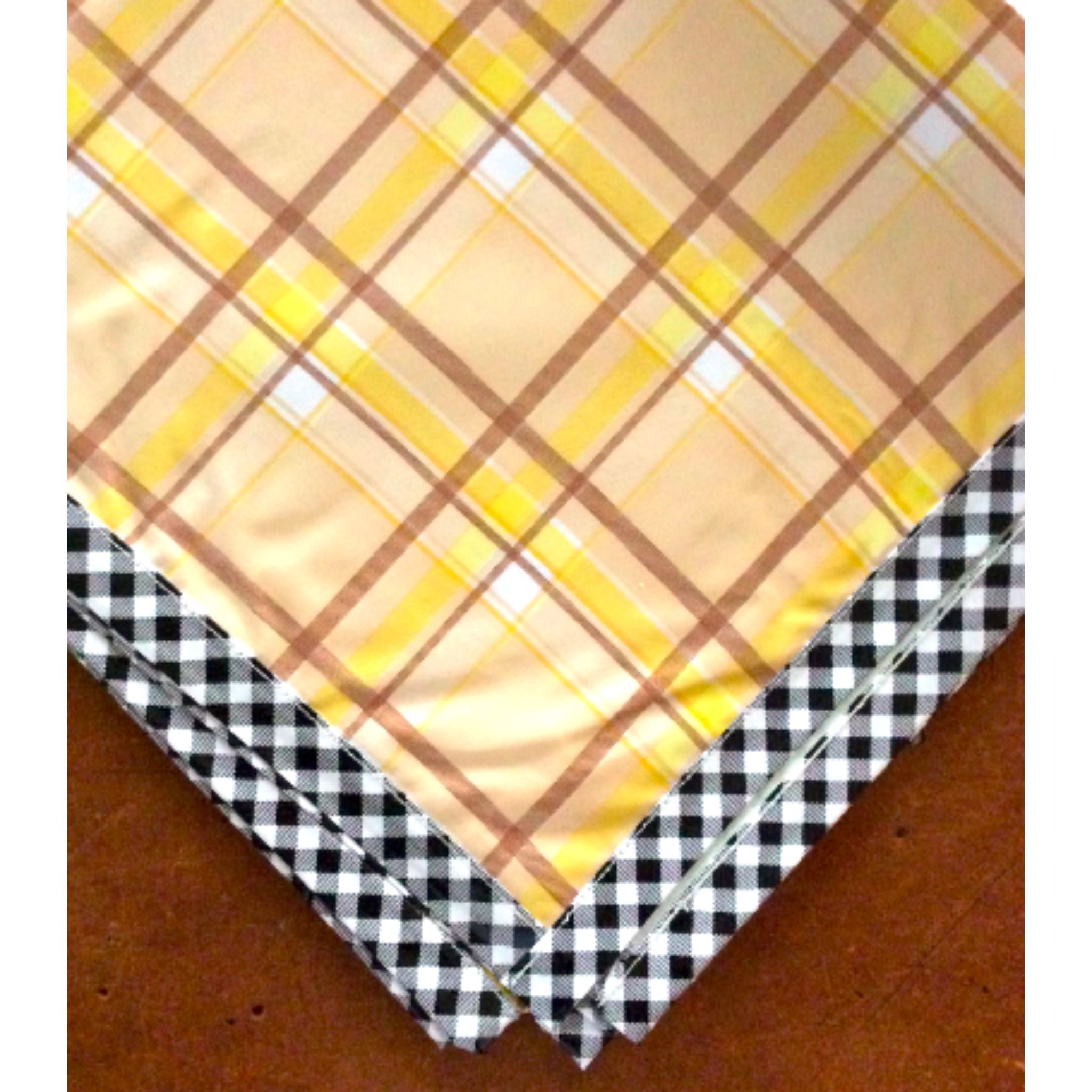freckled sage plaid tan and yellow oilcloth tablecloth with black gingham trim