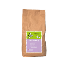 Großer brauner Futtersack von The Next Best mit der Sorte Wild & Lachs und Süßkartoffel. Hochwertiges Hundefutter mit hohem Fleischanteil, ohne Getreide, künstliche Farb-, Aroma- und Konservierungsstoffe.