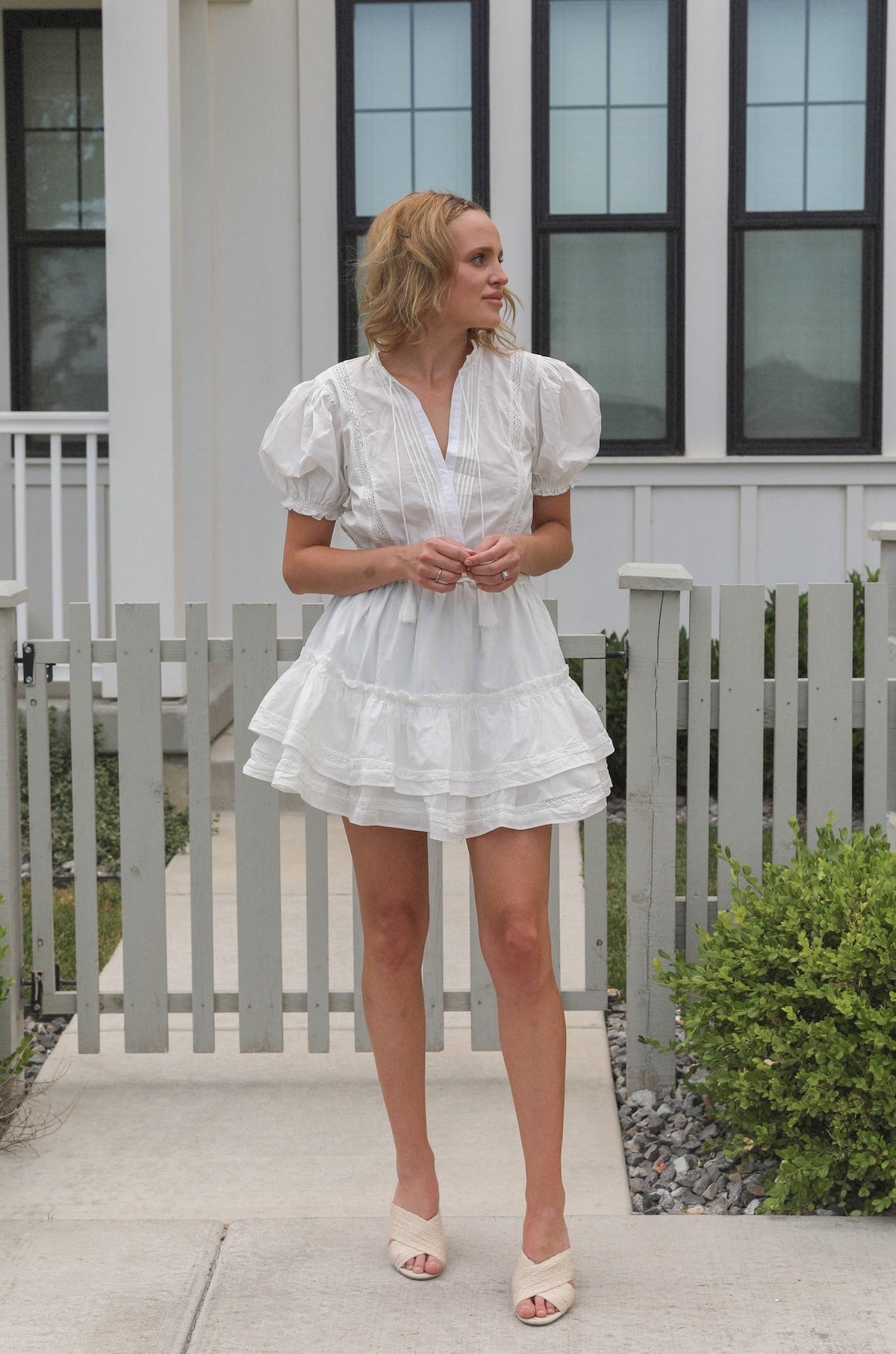 white flowy dress short White Ruffle Mini Dress L