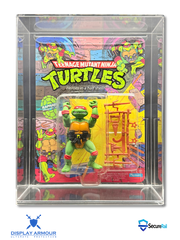 TMNT Raphael mint on card action figure in acrylic display case front view.