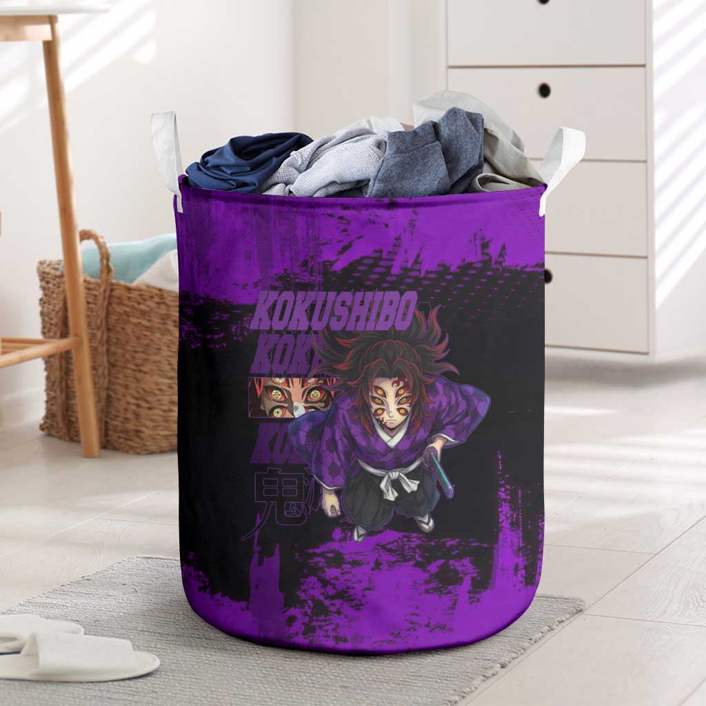 Kokushibo Demon Slayer Purple Grunge Design Laundry Basket with Six Eyes Detail and Sword Pose - The Mazicc