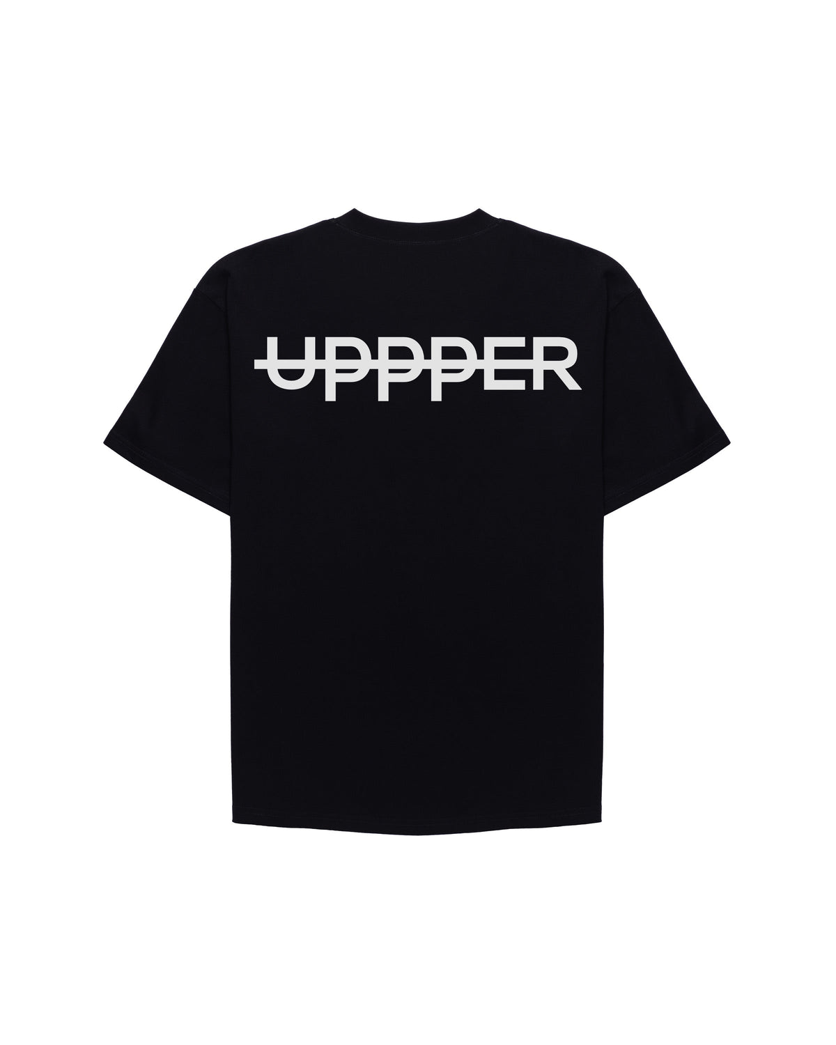 back of black upper t-shirt with bold white uppper logo across the shoulders on white background