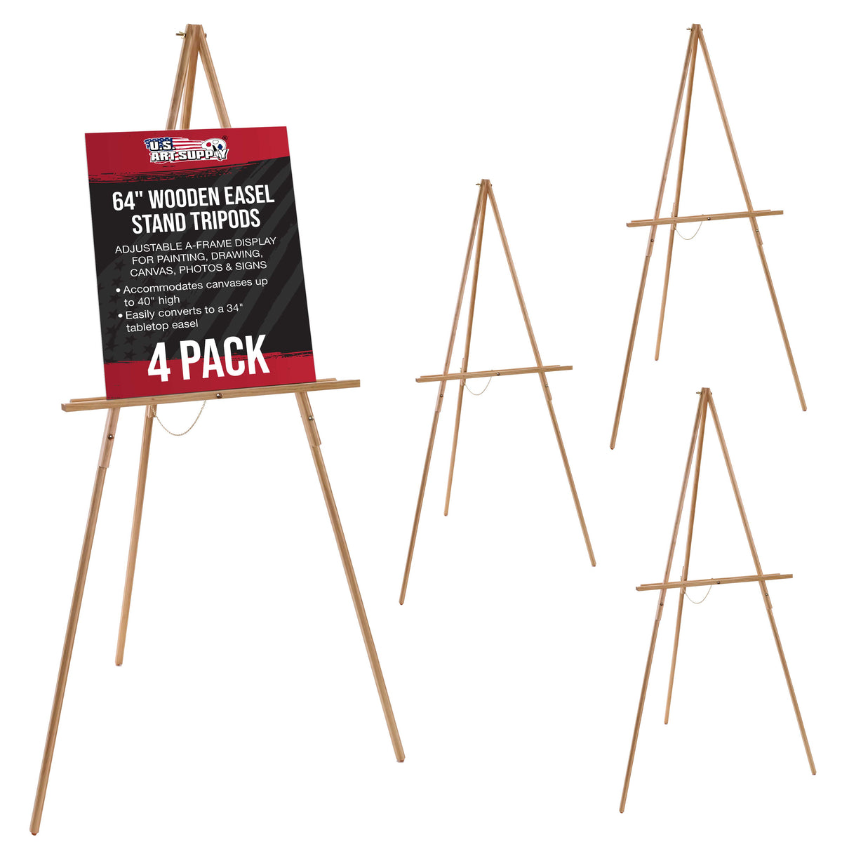 64" Wooden Easel Stand (4 Pack) - Adjustable A-Frame Tripod for Painting, Drawing, Photos & Signs - Lightweight Easels, Wood Easel Stand for Sign Wedding Display 40" Canvas Capacity