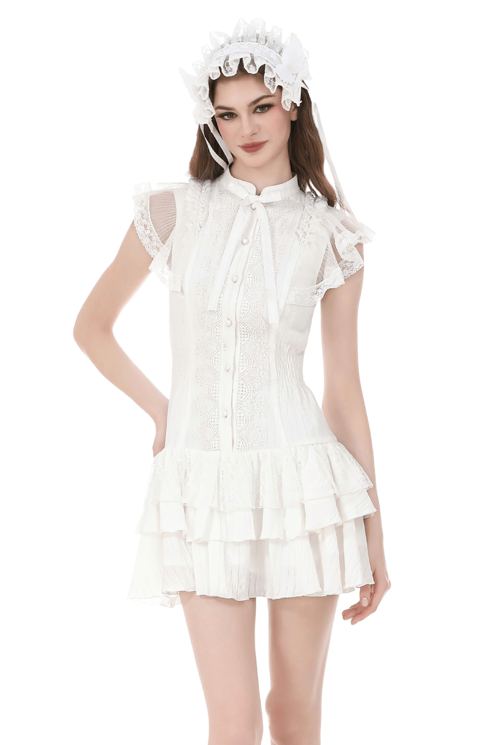 White Gothic Lolita Lace Dress with Frilly Skirt