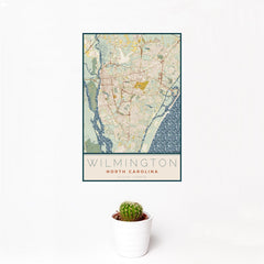 12x18 Wilmington North Carolina Map Print Portrait Orientation in Woodblock Style With Small Cactus Plant in White Planter
