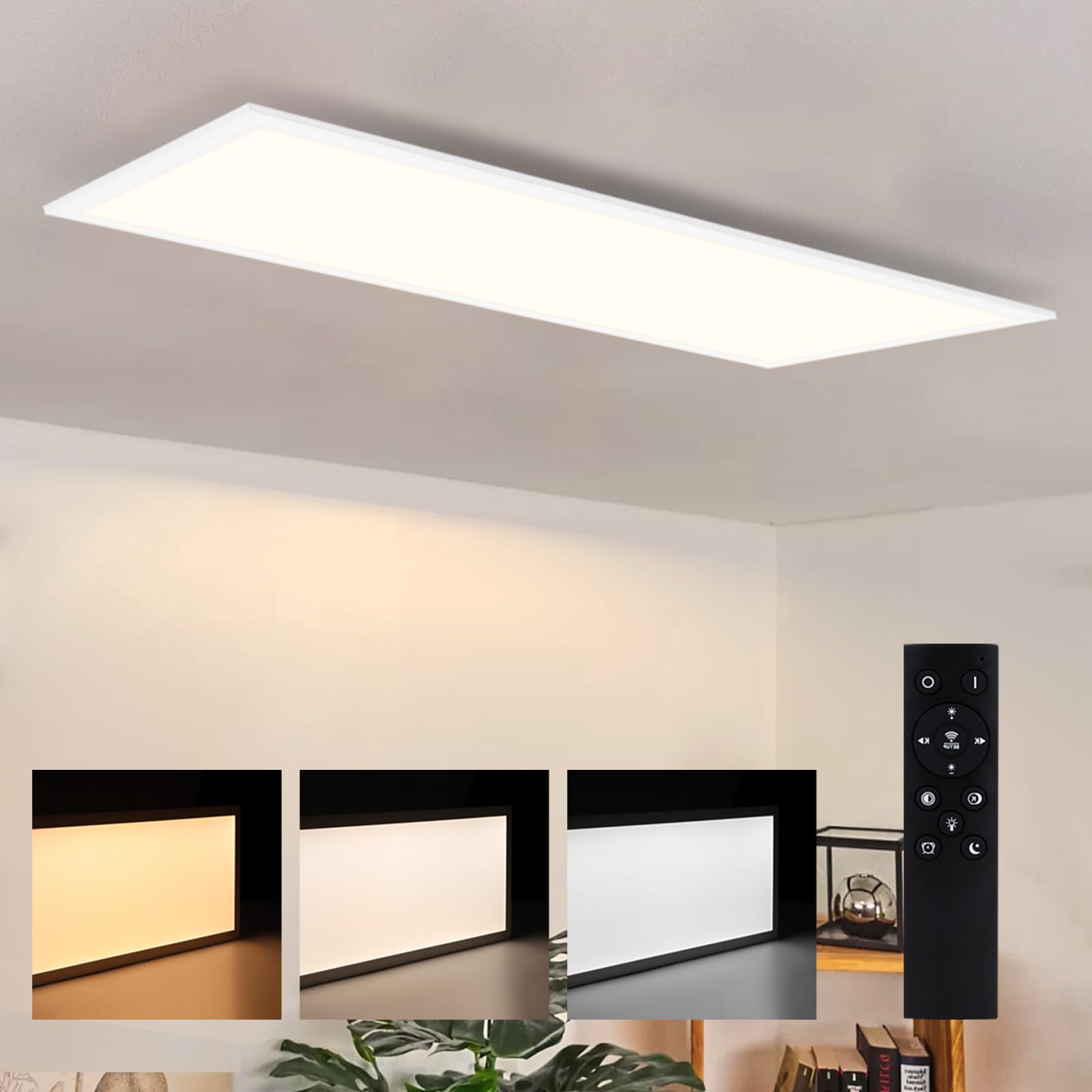 Deckenlampe LED Deckenleuchte Flach - Dimmbar Wohnzimmer Schlafzimmer Küche Panel Wohnzimmerlampe Groß 48W 120 * 30CM Küchenlampe Flur Lang Rechteckig Deckenpanel Büro mit Fernbedienung