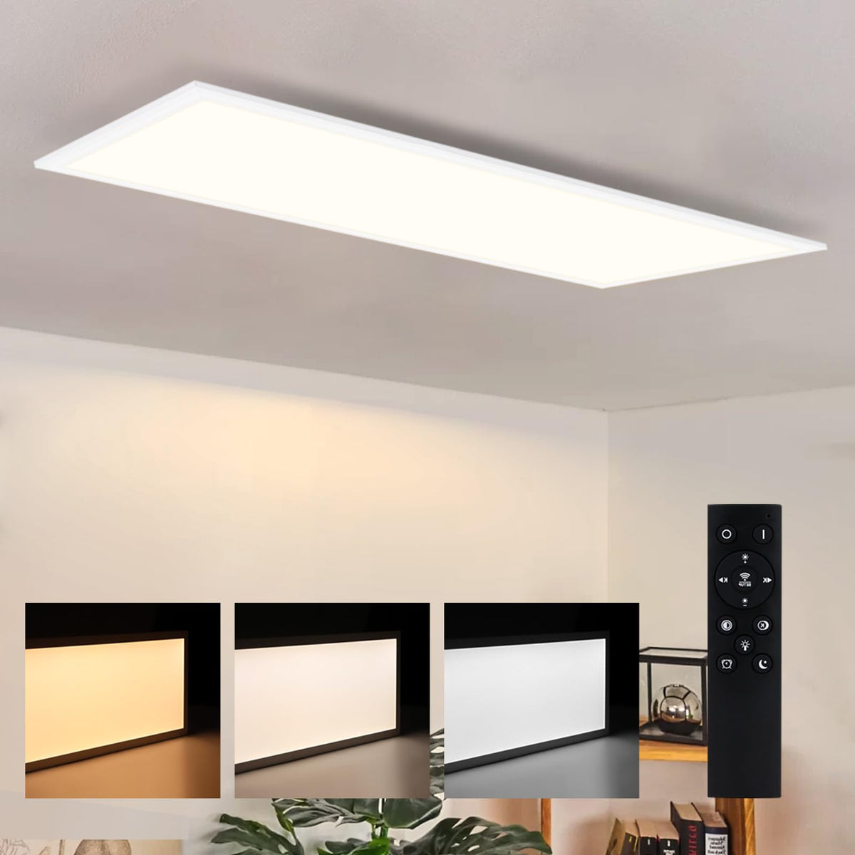 Deckenlampe LED Deckenleuchte Flach - Dimmbar Wohnzimmer Schlafzimmer Küche Panel Wohnzimmerlampe Groß 48W 120 * 30CM Küchenlampe Flur Lang Rechteckig Deckenpanel Büro mit Fernbedienung