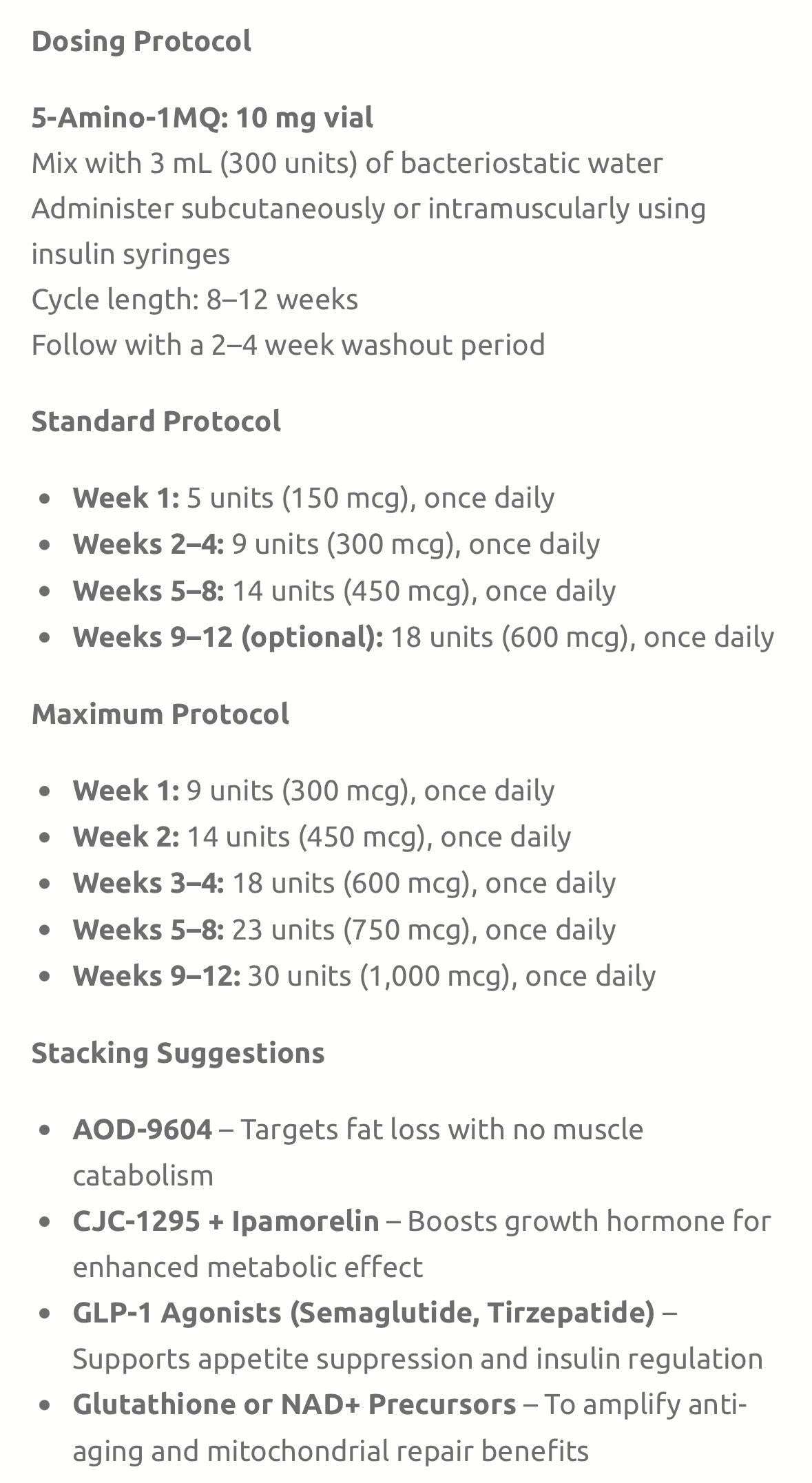 cjc 1295 ipamorelin cycle dosage cjc-1295 length 8-12 weeks 5-amino-1mq injection protocol Suggested Protocol for 5-Amino-1mq : r/PeptideGuide